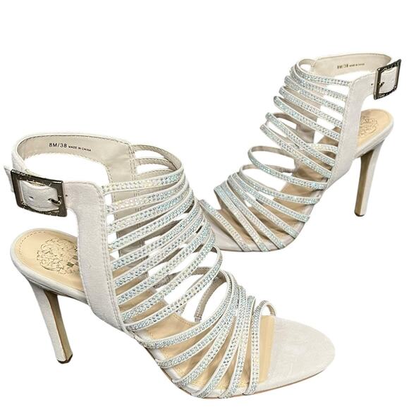 Vince Camuto Kipper Heels 8M True Sand Suede Embellished Strappy Heels Showgirl - Picture 1 of 16